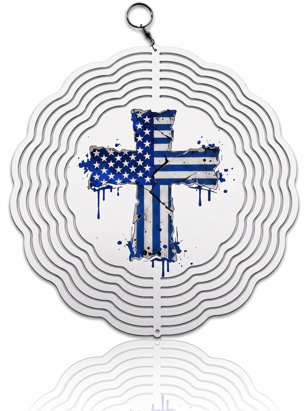 10" American Flag Cross 3D Kinetic Wind Spinner - Blue Metal Hanging Yard Decor